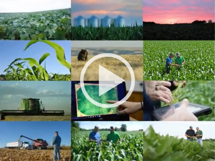 Collage of farm fields overlaid with a video play button