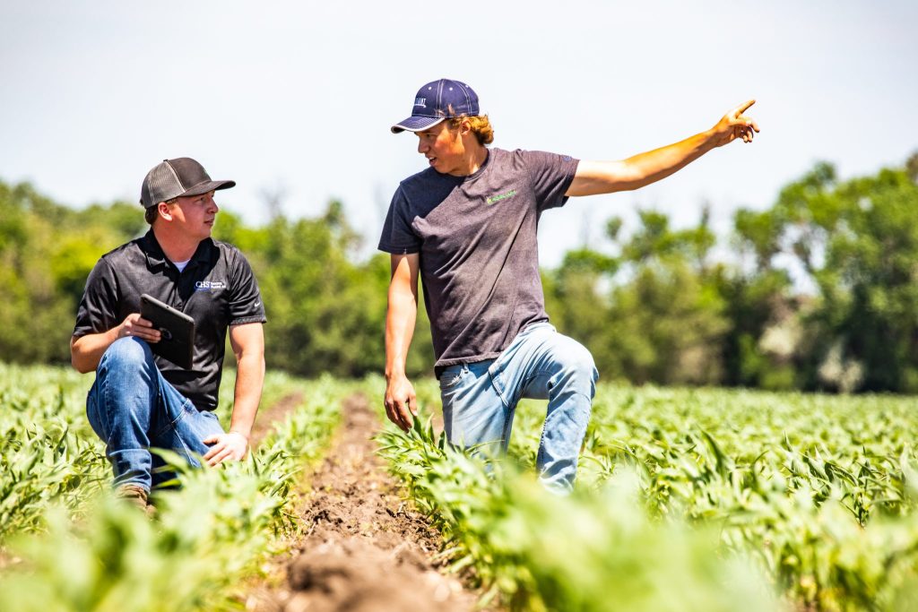 Two young men crouching in a field talking