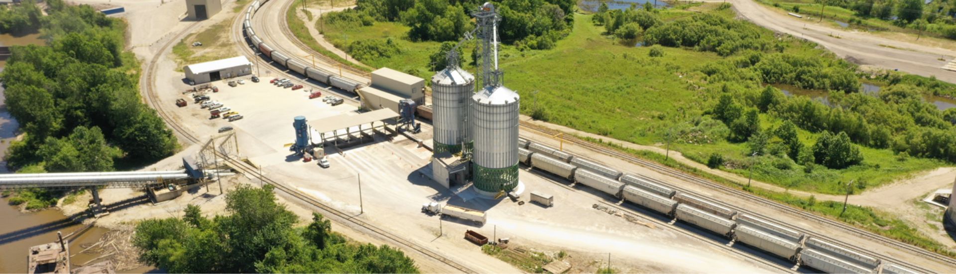 aerial image of a grain facility.